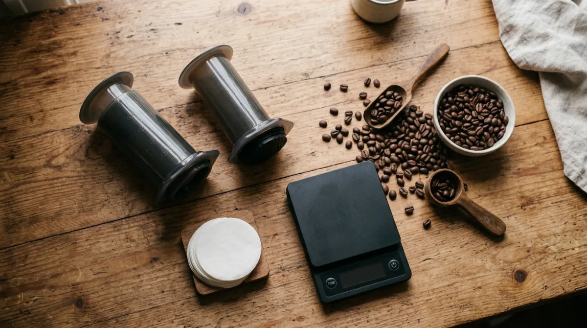 Flat lay of an AeroPress, paper filters, scale and beans