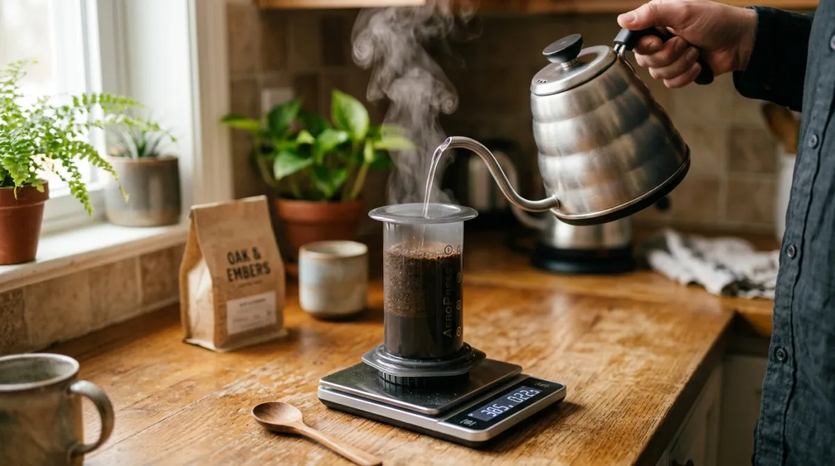 Water being poured into an AeroPress chamber on a scale
