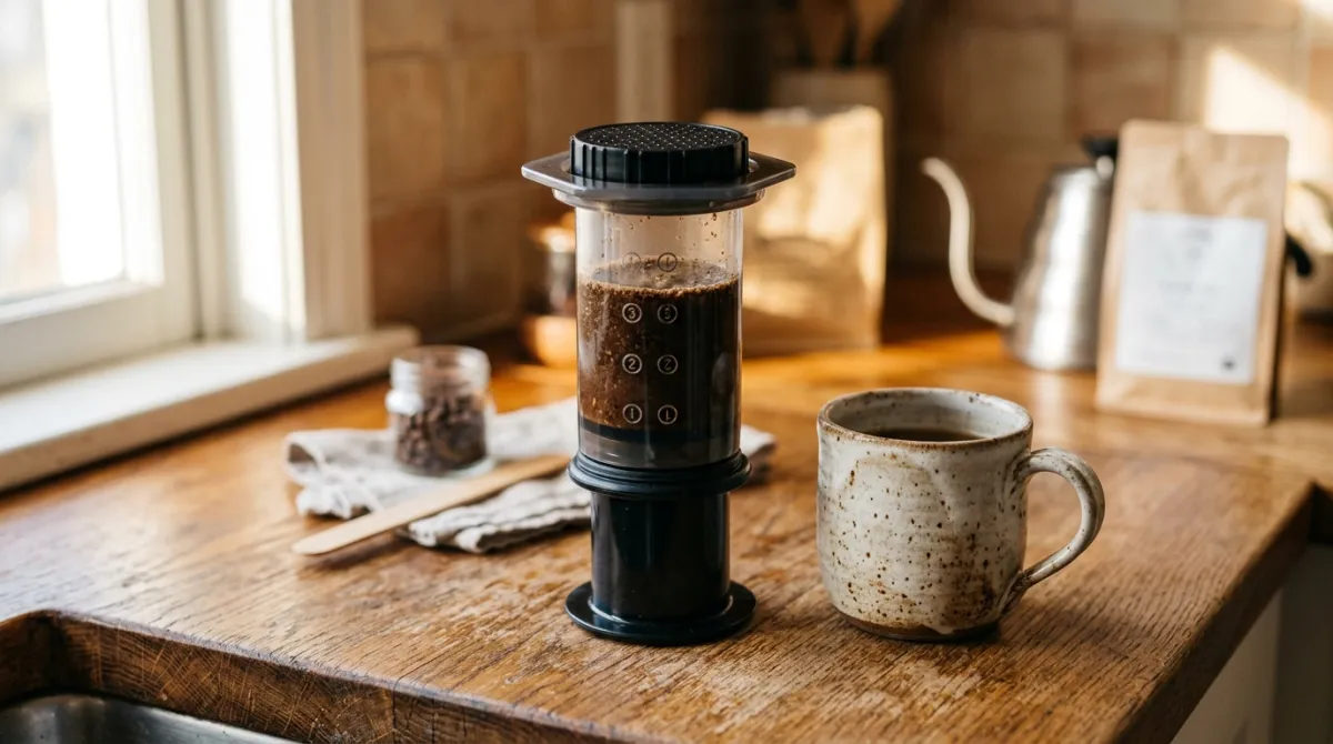 An AeroPress in the inverted position on a mug