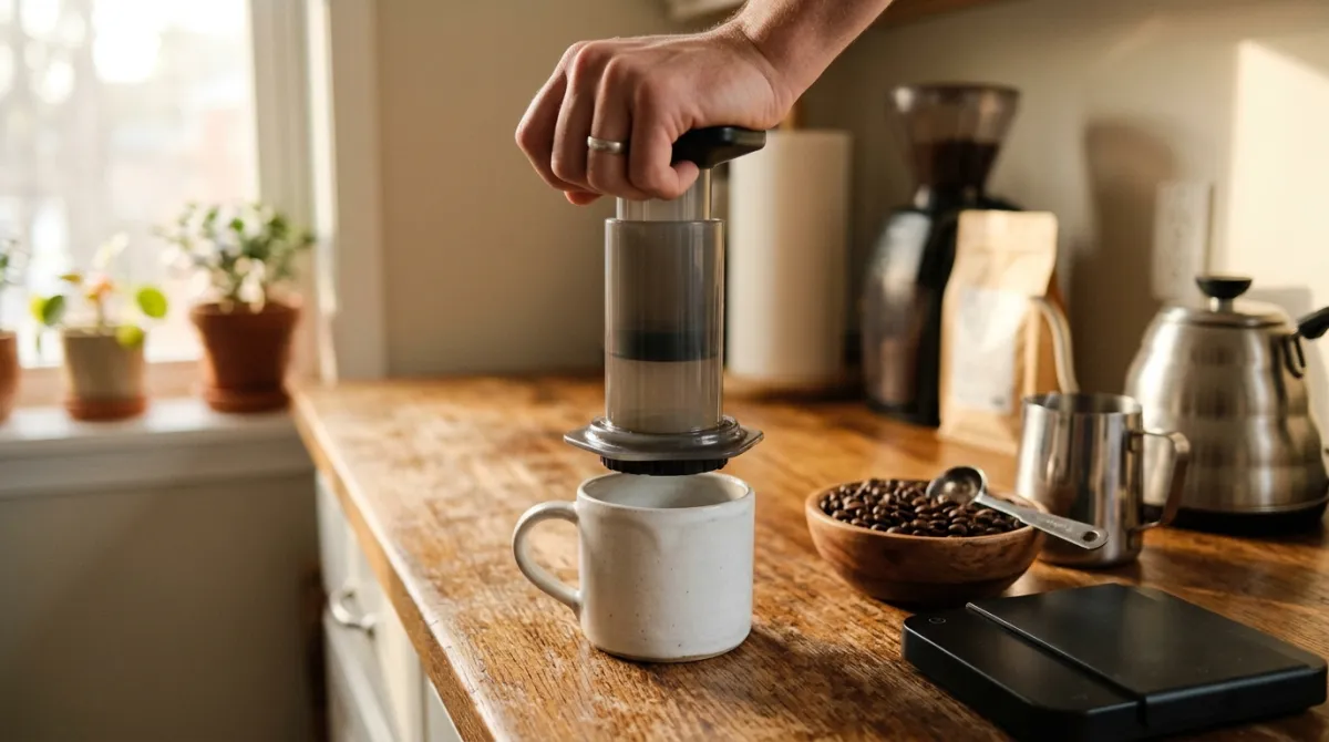 An AeroPress being pressed into a mug of coffee on a kitchen counter