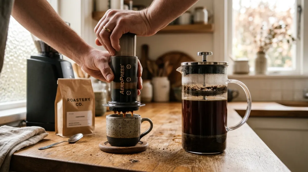 An AeroPress being pressed beside a French press brewing