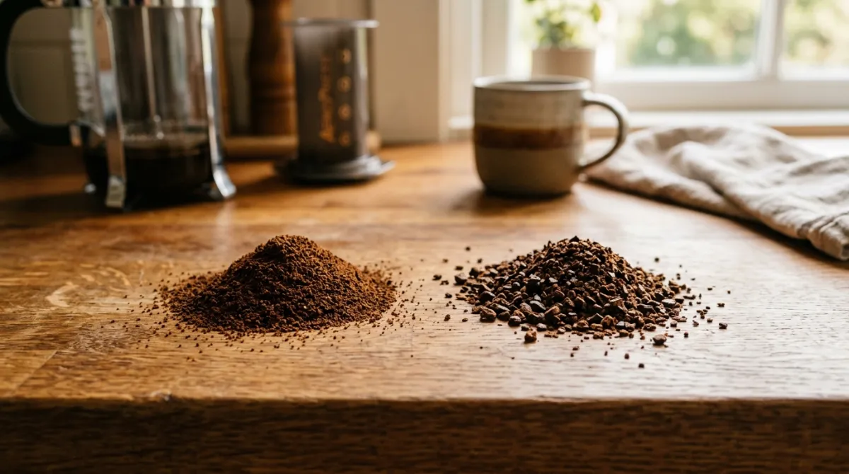 Fine AeroPress grind beside coarse French press grind