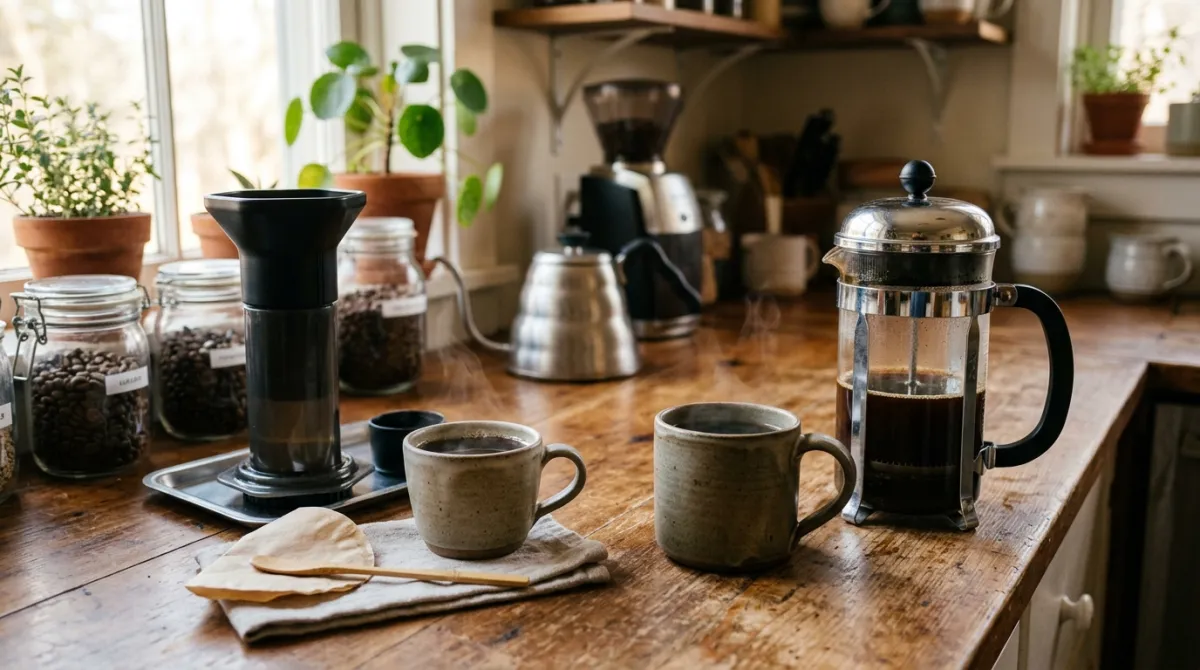 An AeroPress and French press each beside a finished cup of coffee