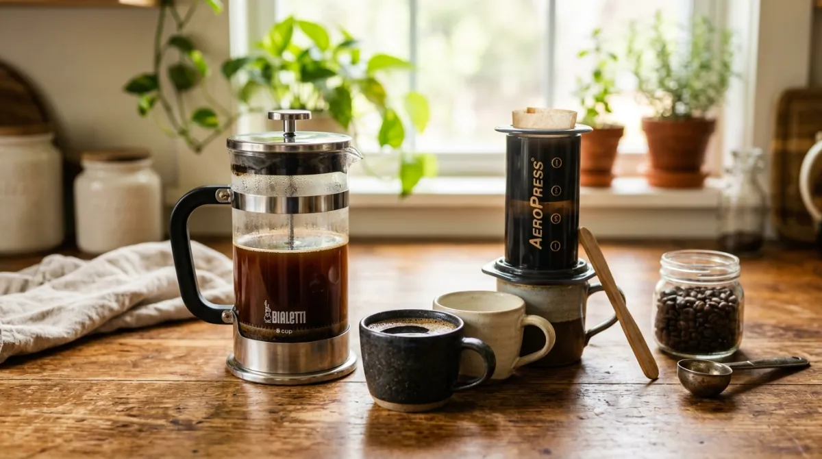 An AeroPress and a glass French press side by side on a wooden kitchen counter with fresh coffee grounds.