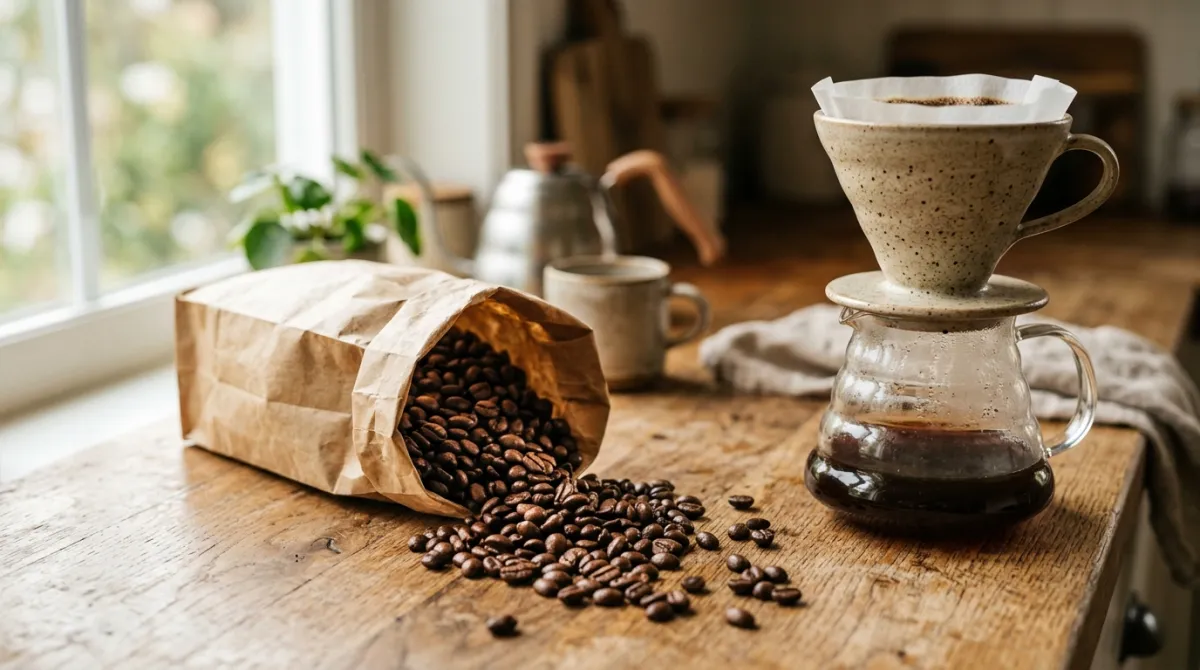 Roasted arabica beans spilling from a bag beside a pour over dripper