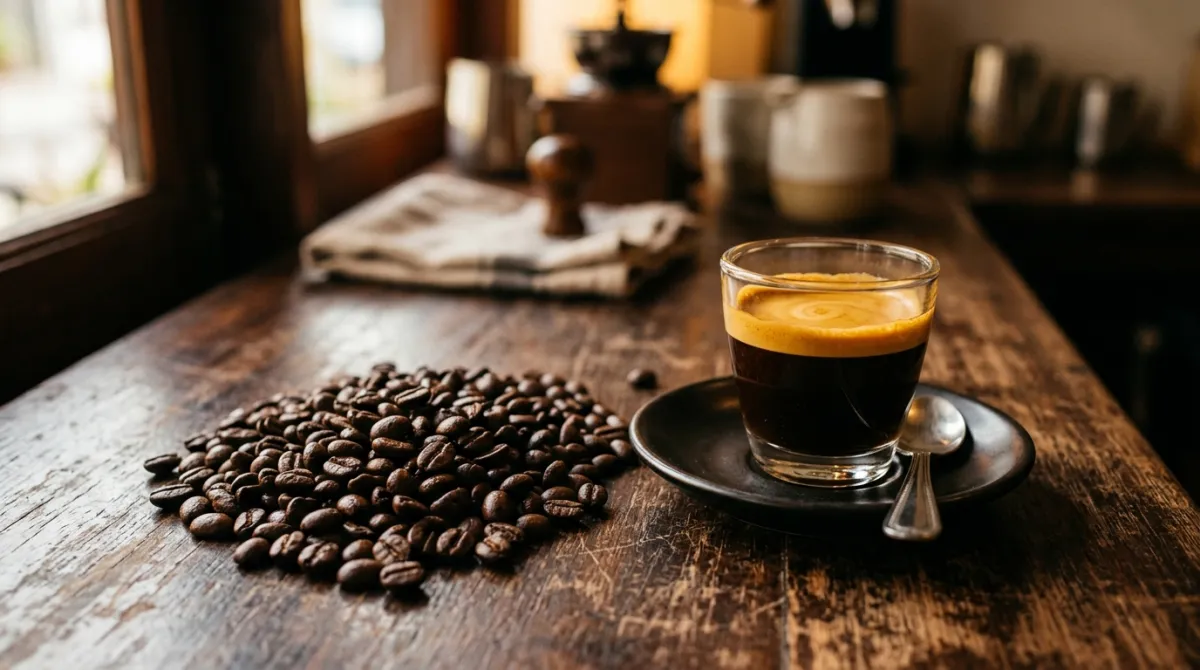 Roasted robusta beans beside an espresso shot with thick crema