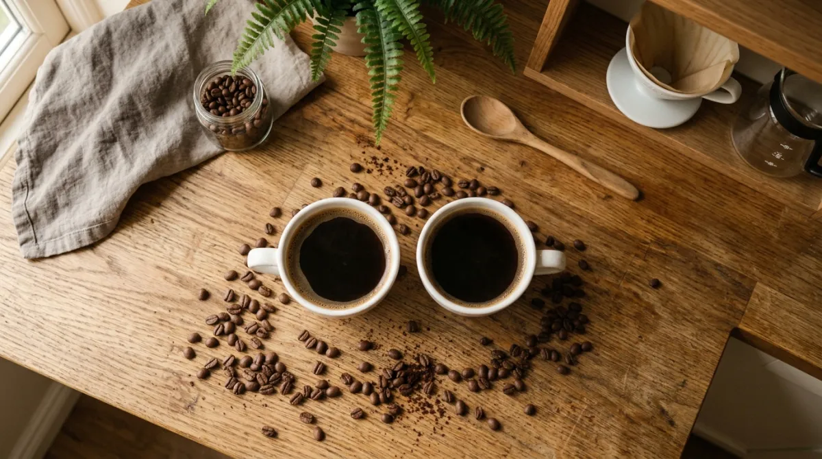 Two cups of black coffee brewed from arabica and robusta side by side