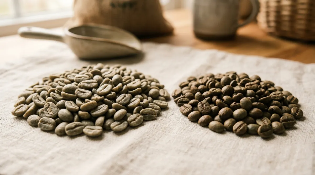 Arabica and robusta green coffee beans side by side