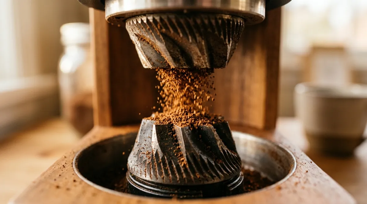 Close-up of the burrs inside a coffee grinder producing even grounds