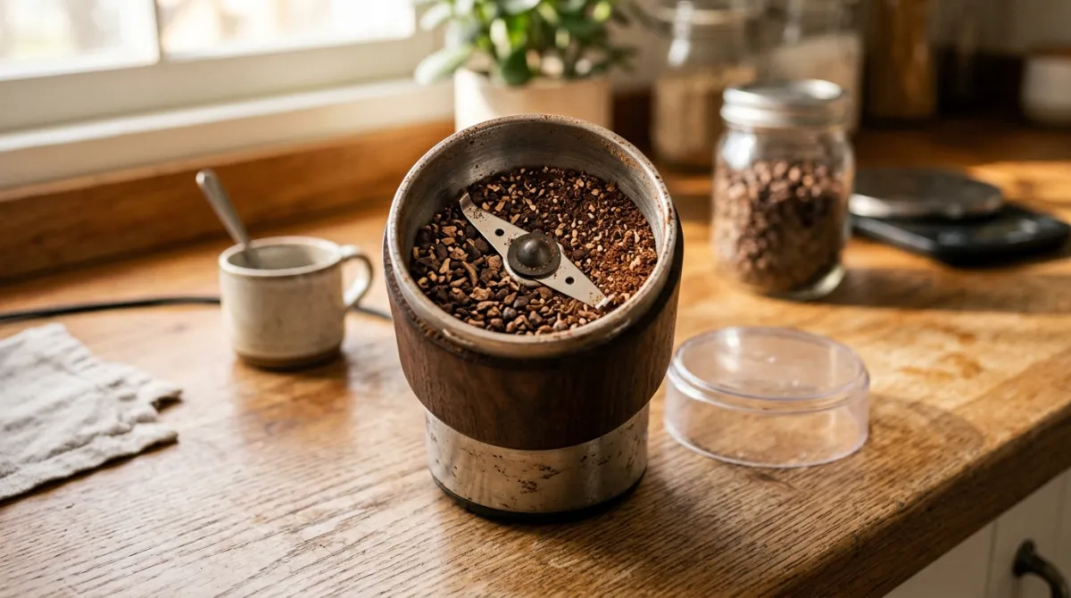 A blade grinder with uneven mixed coffee grounds