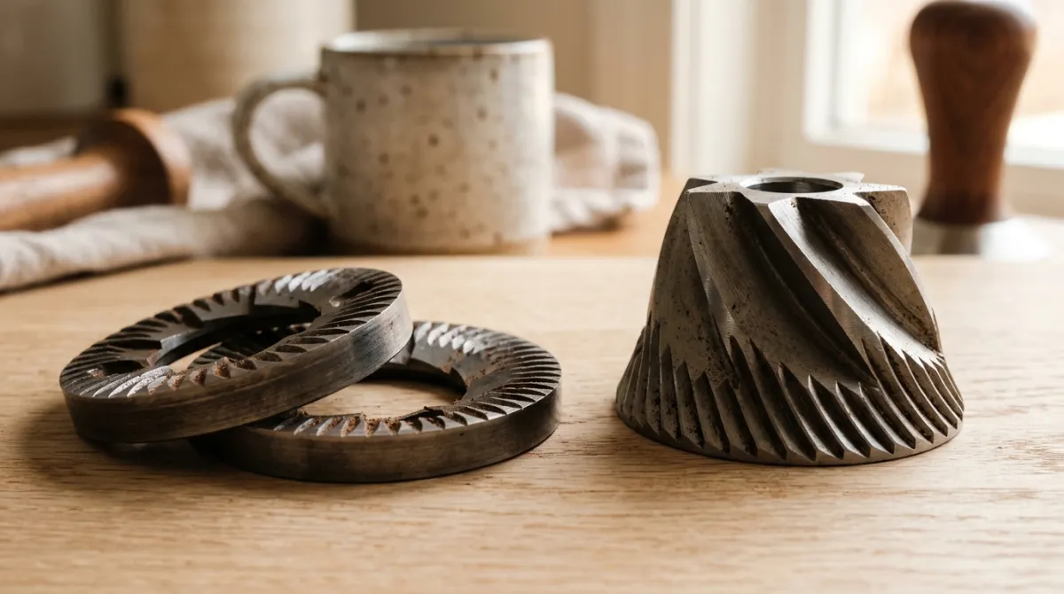 Flat burrs and conical burrs side by side