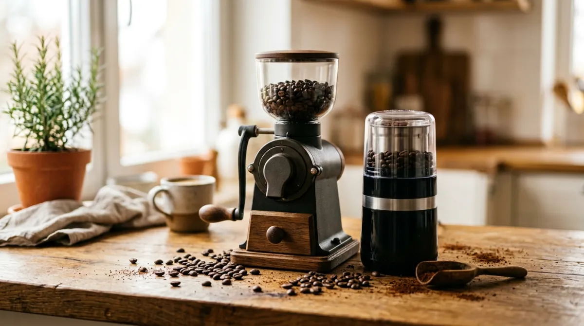 A conical burr coffee grinder beside an open bag of whole roasted beans on a kitchen counter.