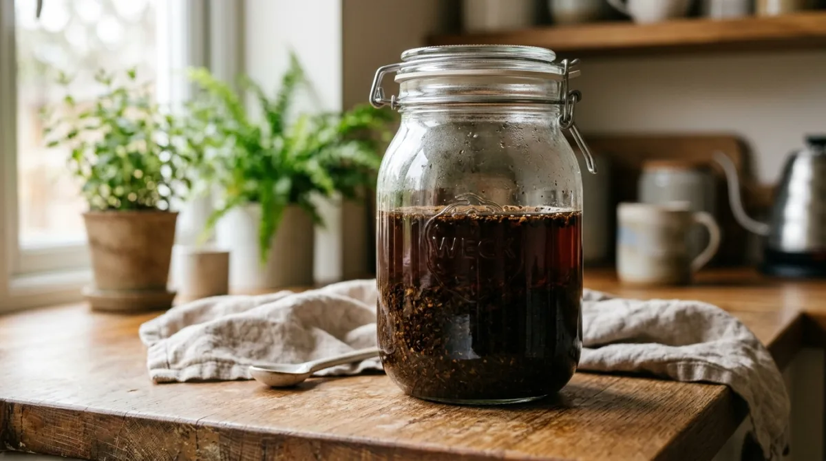 A large jar of cold brew steeping with saturated coffee grounds