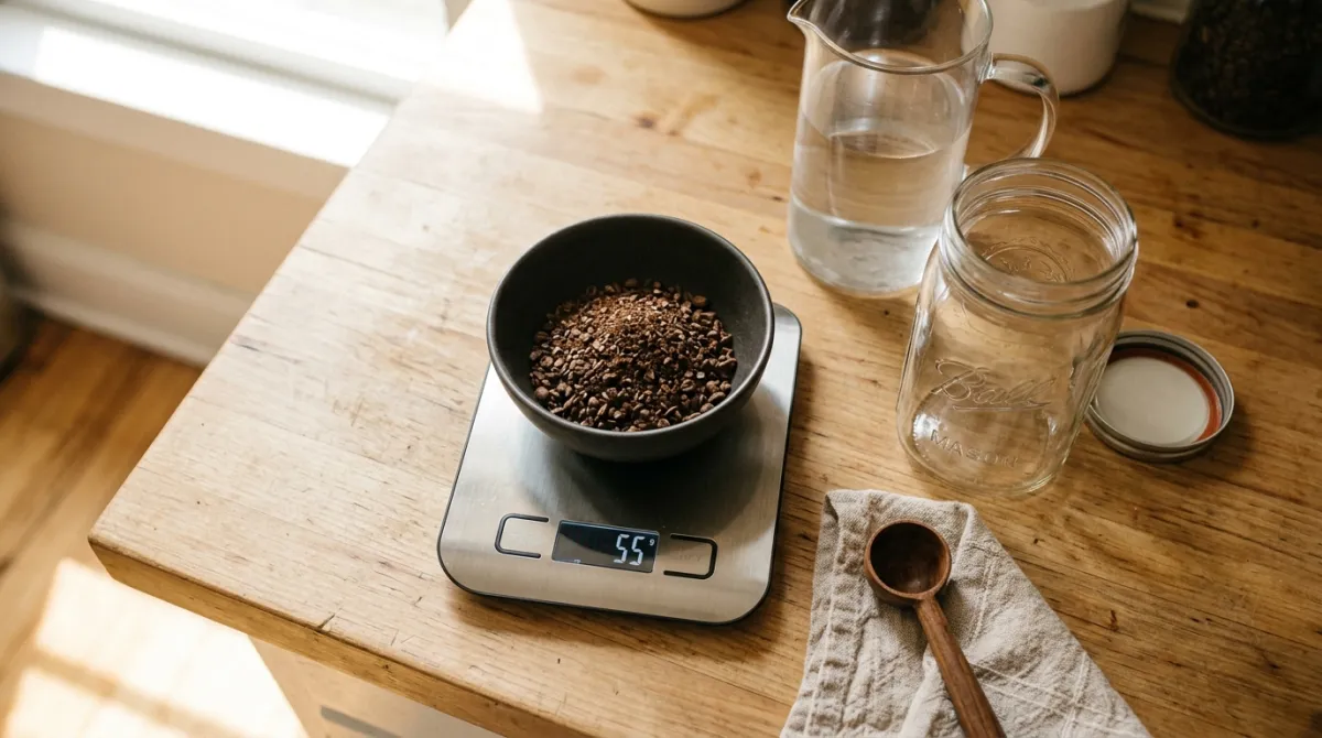 Coffee grounds on a scale beside a cold brew jar and water