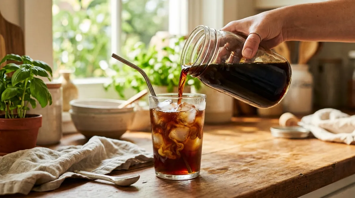 Cold brew concentrate being diluted with water over ice