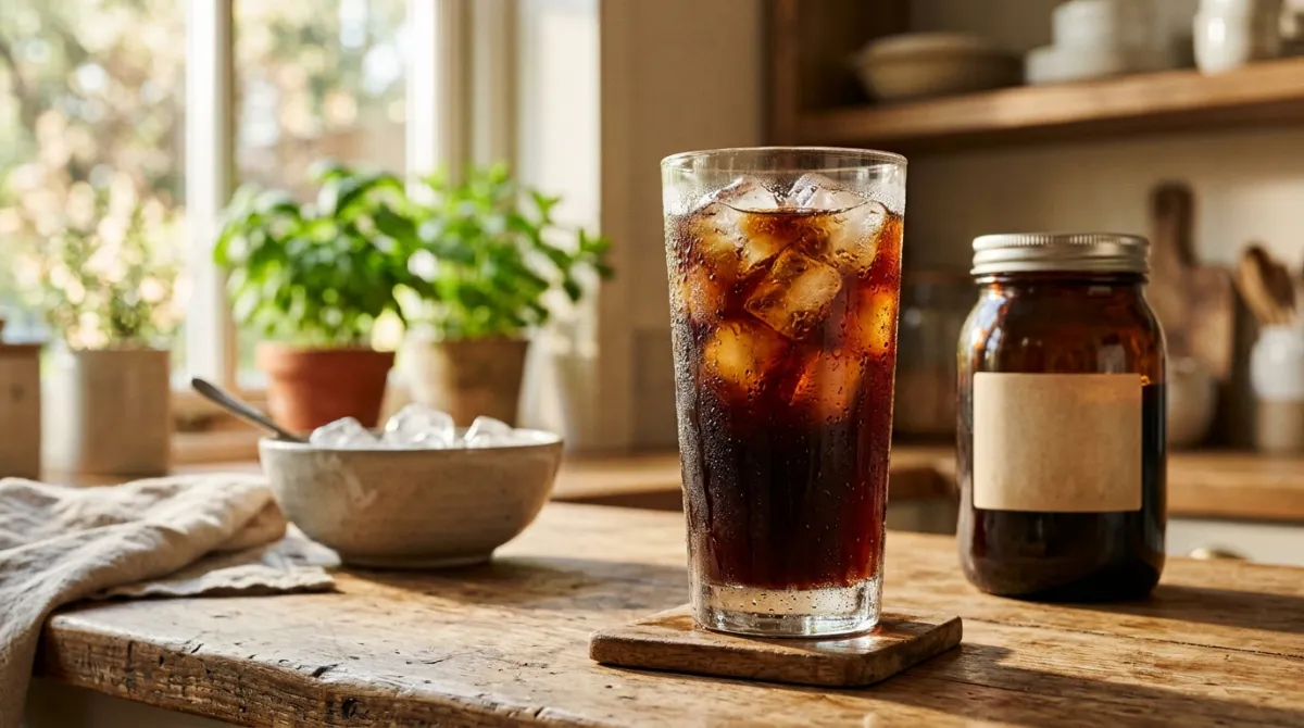 A tall glass of cold brew coffee over ice on a kitchen counter