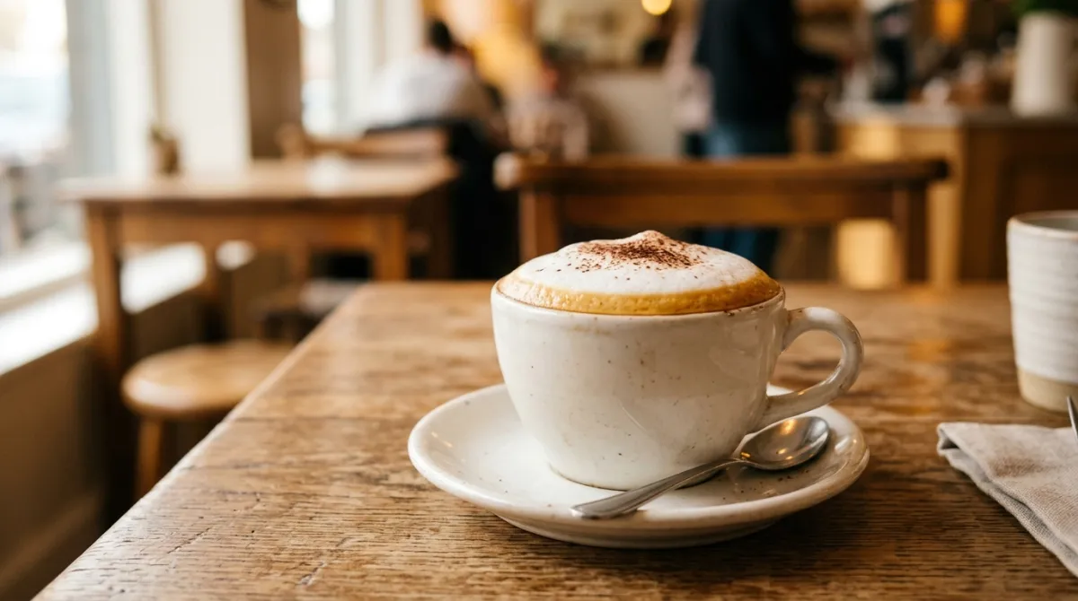 A classic cappuccino with a thick dome of milk foam in a small cup