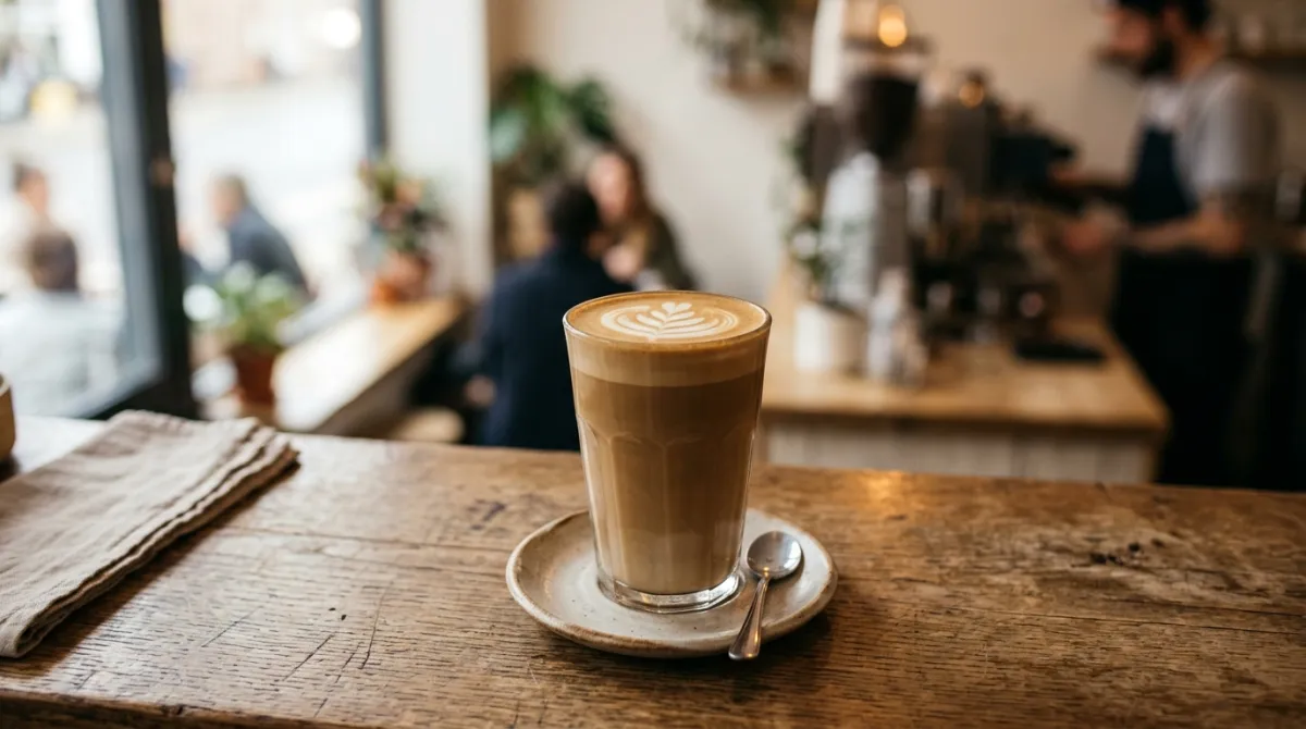A tall caffe latte with silky microfoam and latte art