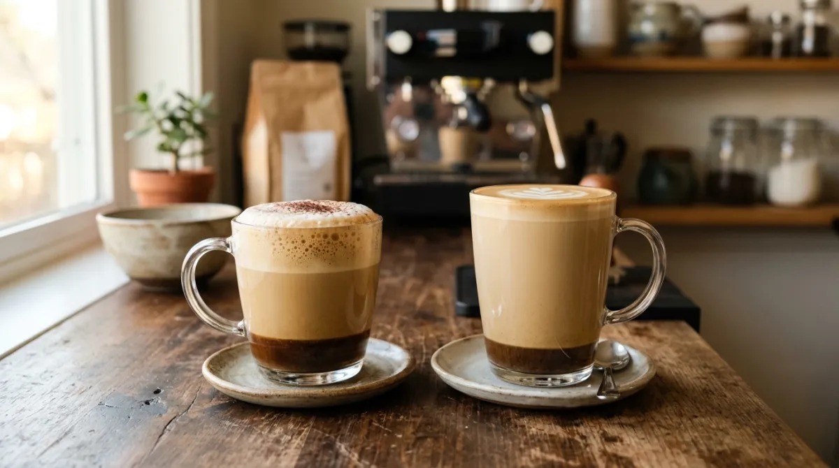 Two glasses comparing the milk and foam layers of a cappuccino and a latte
