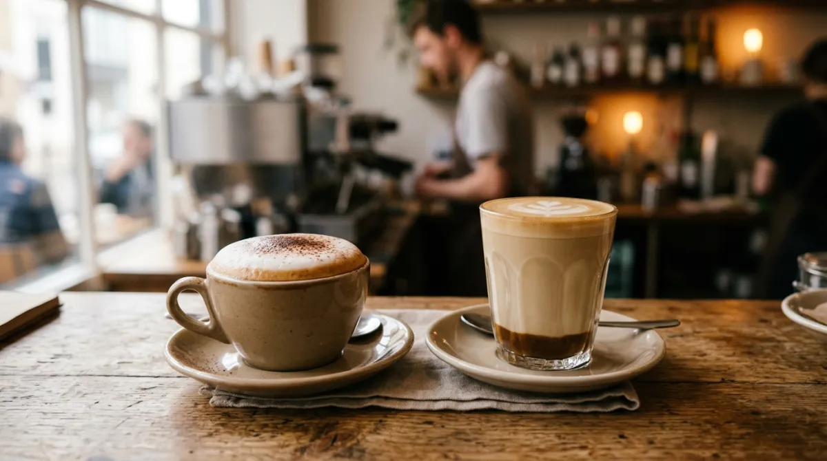 A cappuccino and a latte side by side on a cafe counter