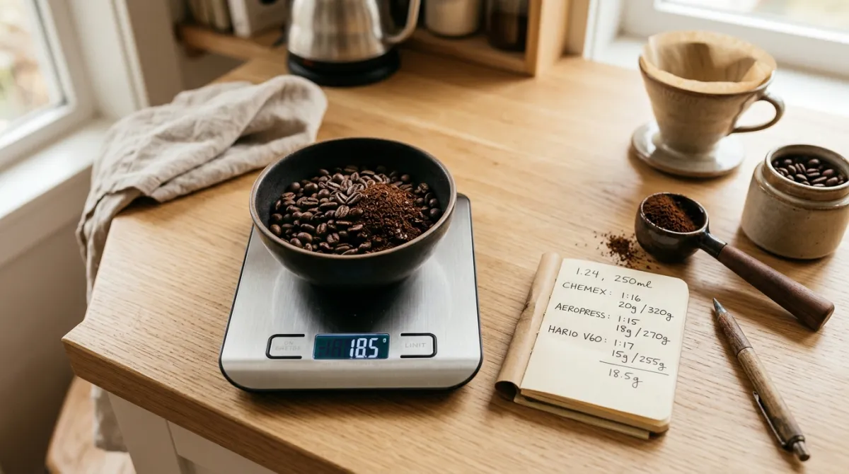 Coffee beans and a digital scale next to a handwritten ratio note