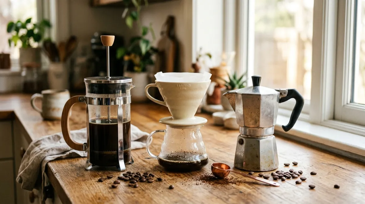 A French press, pour over dripper and moka pot lined up together