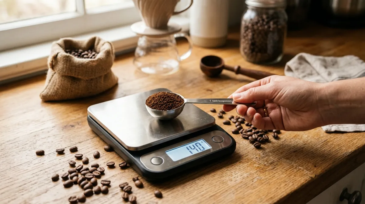 A level tablespoon of coffee beside a digital scale