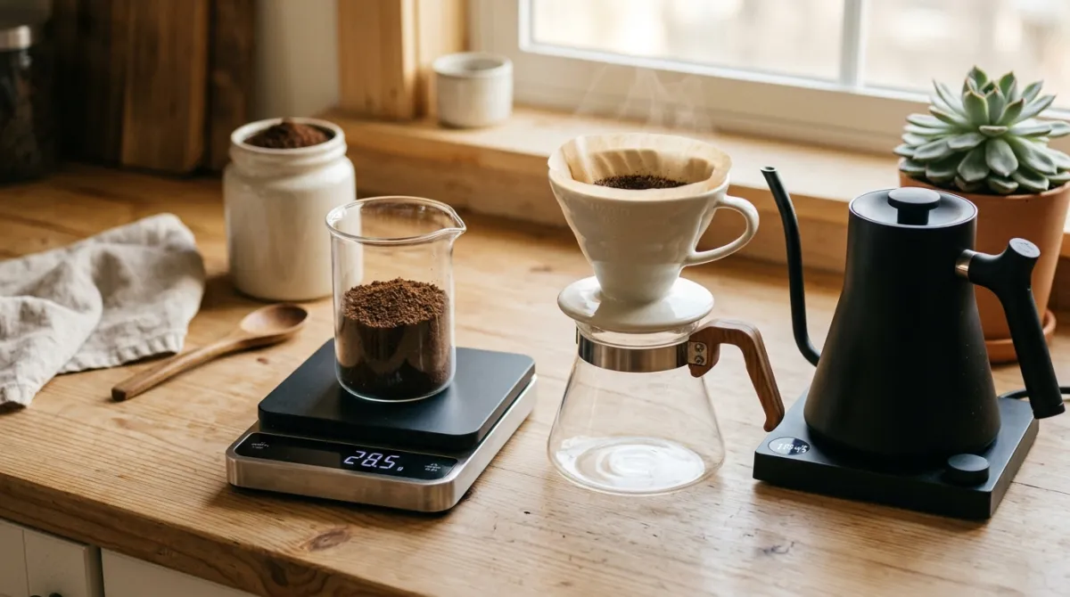 Coffee being weighed on a kitchen scale next to a pour over dripper