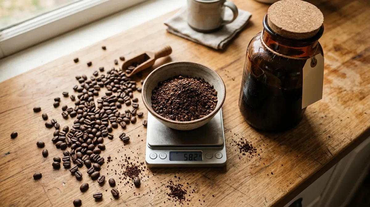 Coarse coffee grounds being weighed beside a jar of cold brew