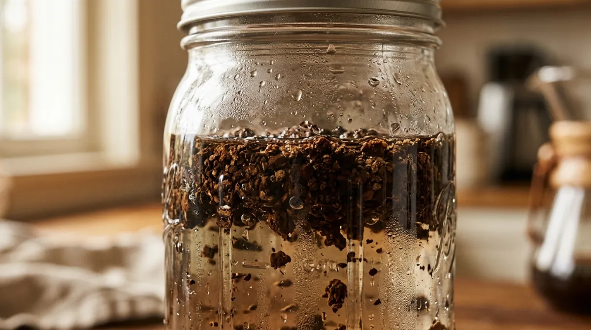 Close-up of coarse cold brew grounds soaking in water