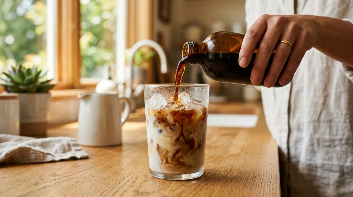 Cold brew concentrate poured over ice with a splash of milk