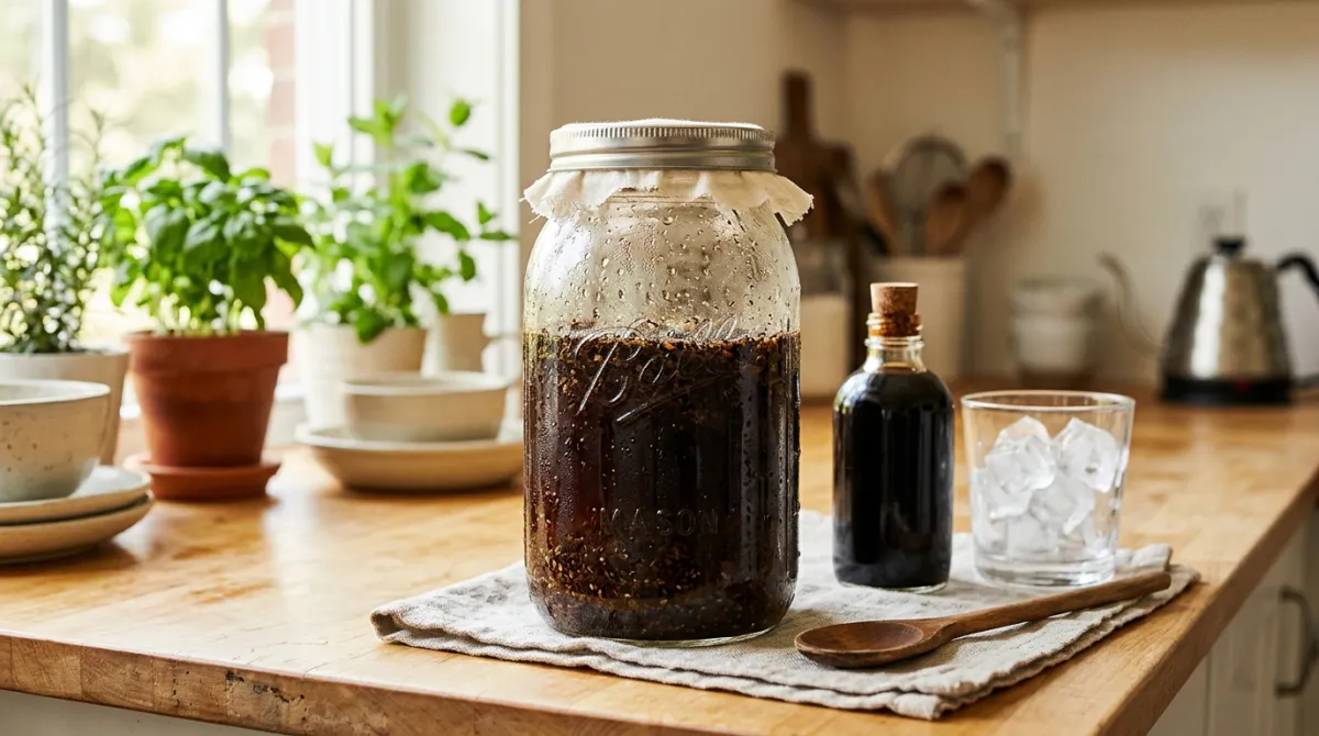 A jar of cold brew coffee concentrate steeping with coarse grounds