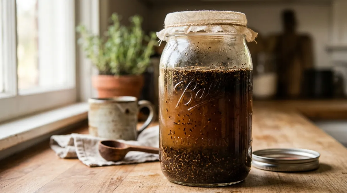 A jar of cold brew steeping with coffee grounds