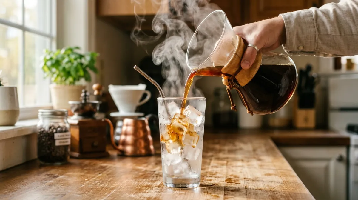 Hot brewed coffee being poured over a glass of ice