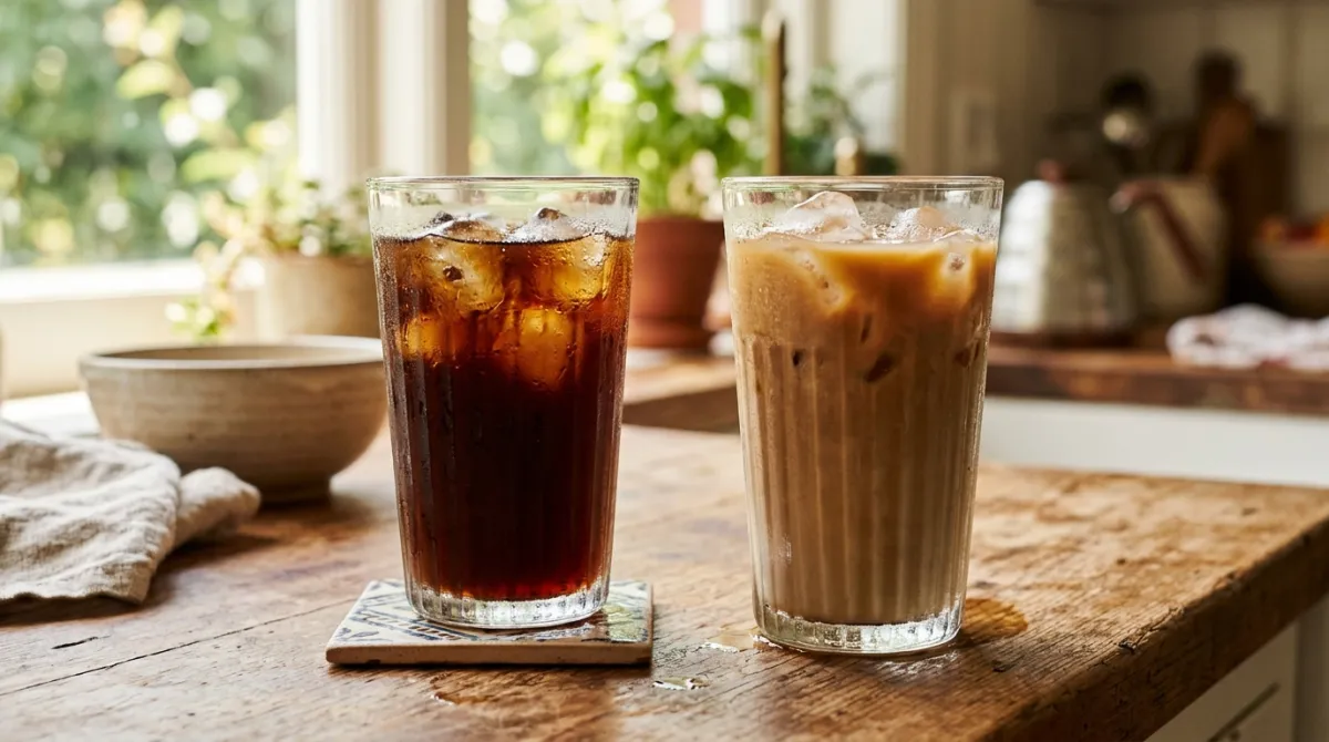 Two glasses side by side, one dark cold brew concentrate and one iced coffee over ice cubes, on a wooden kitchen counter.