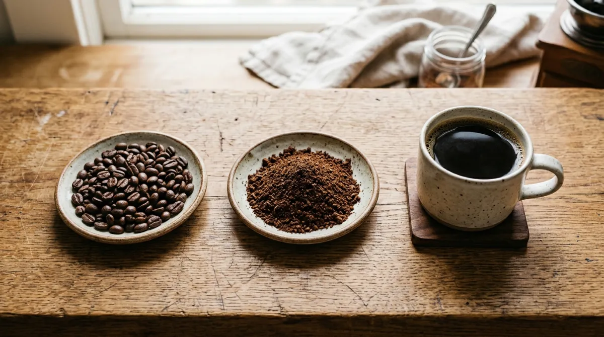 Whole beans, ground coffee and a mug of brewed coffee compared