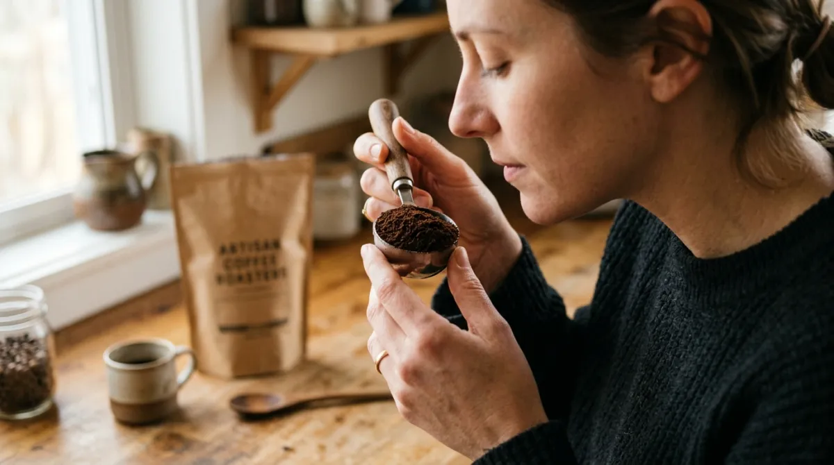 Checking the aroma of a scoop of coffee grounds