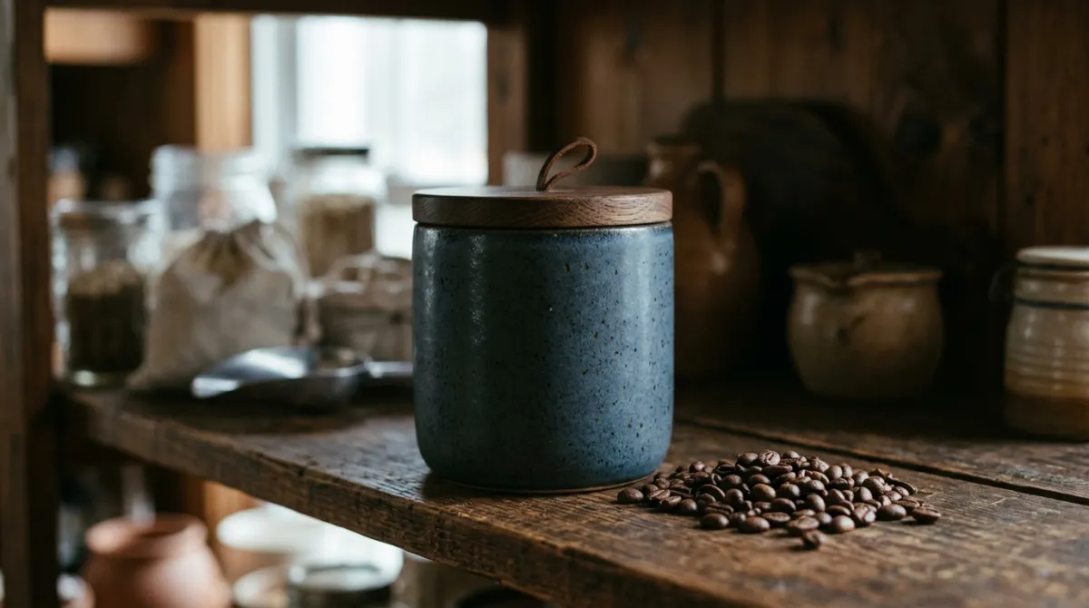 An airtight ceramic coffee canister in a cool dark pantry