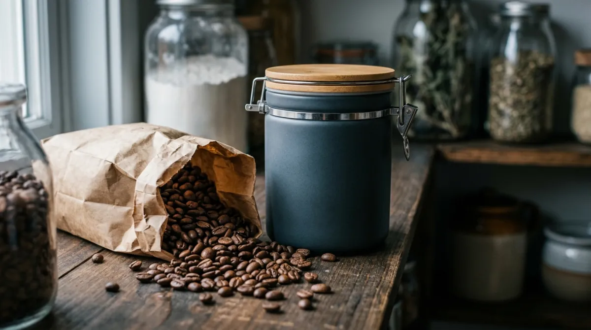 An airtight canister of coffee beans in a dark pantry