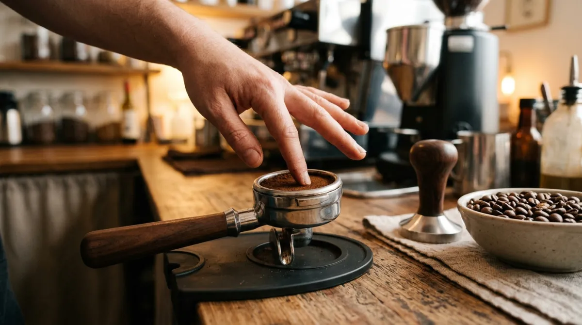 A portafilter of dry ground coffee being weighed on a scale
