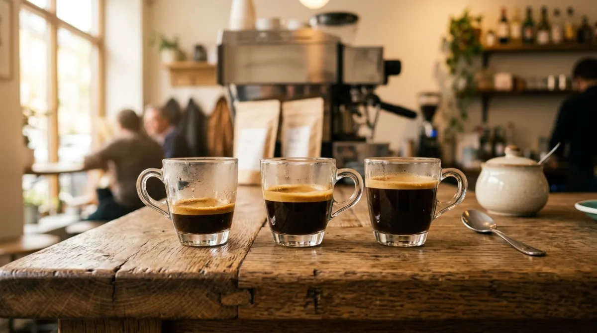 Three espresso glasses of different volumes: ristretto, normale, lungo