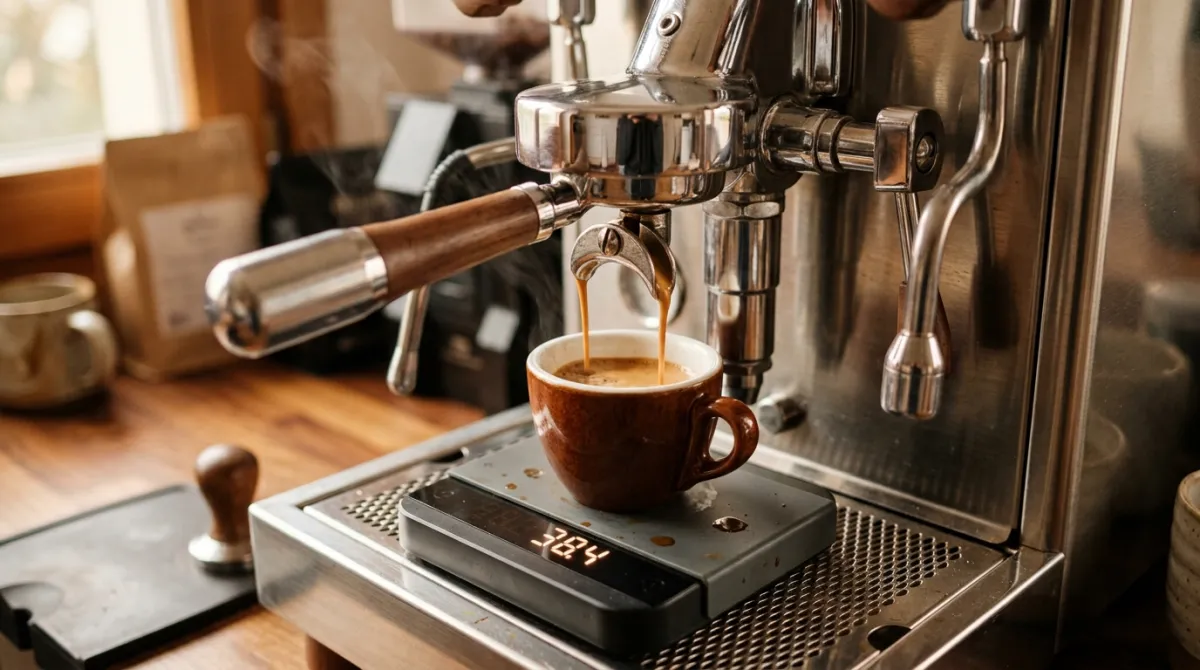 An espresso cup on a scale under the group head reading grams