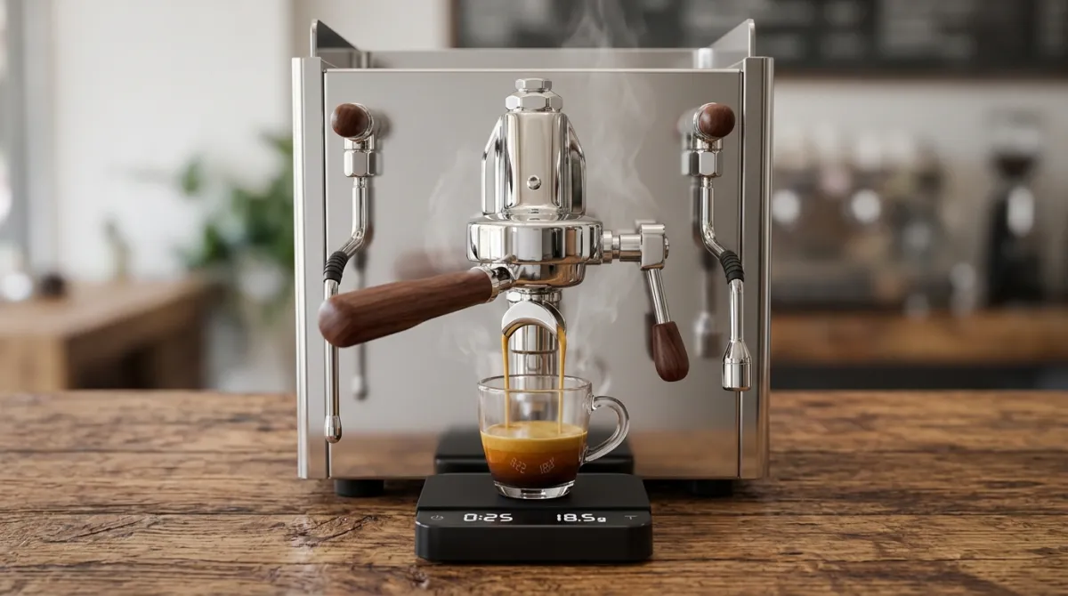A double espresso shot pouring onto a scale under a portafilter