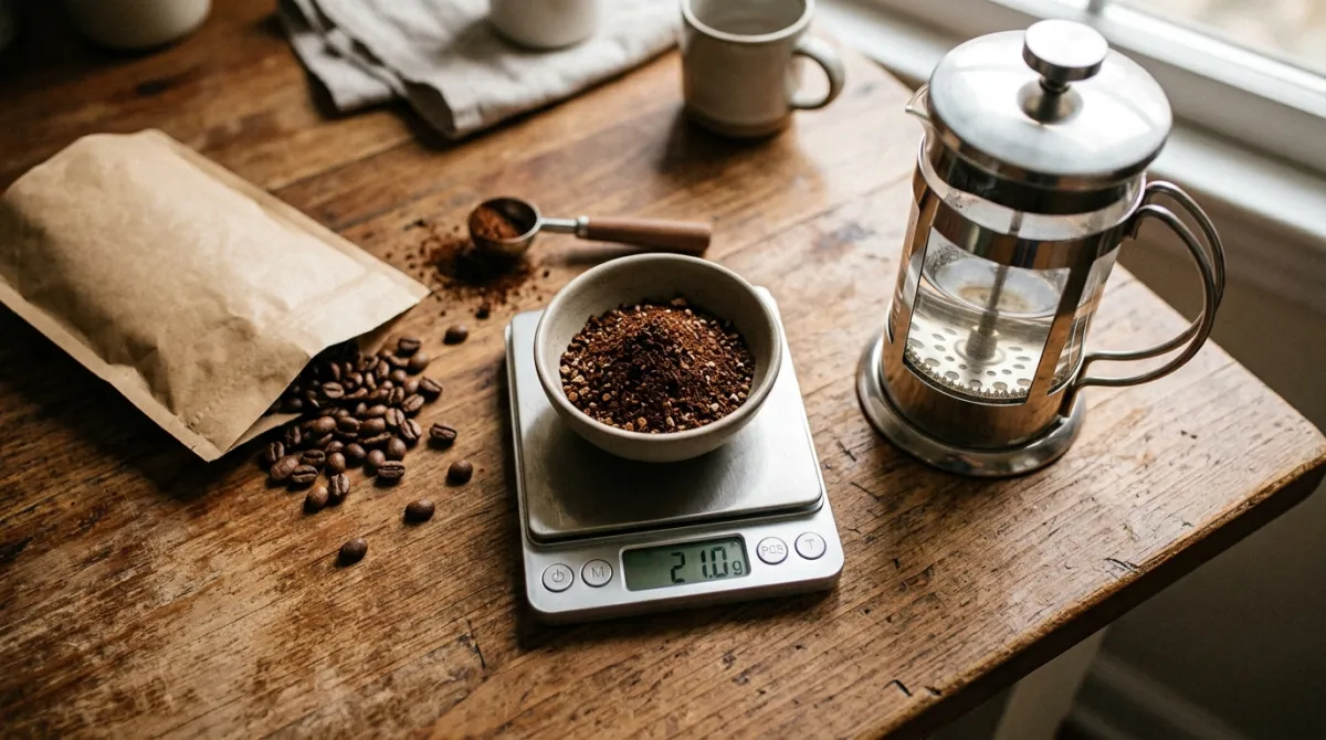 Coffee grounds being weighed on a small digital kitchen scale next to a French press