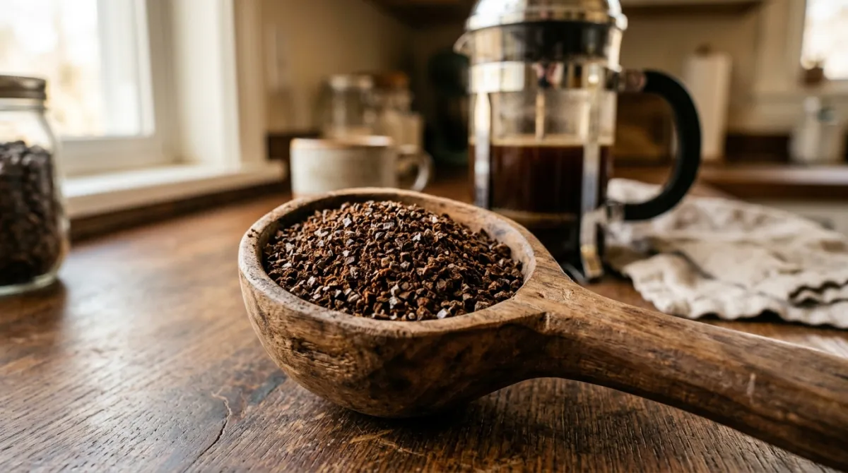 Coarse coffee grounds compared with a French press, showing texture like coarse sea salt