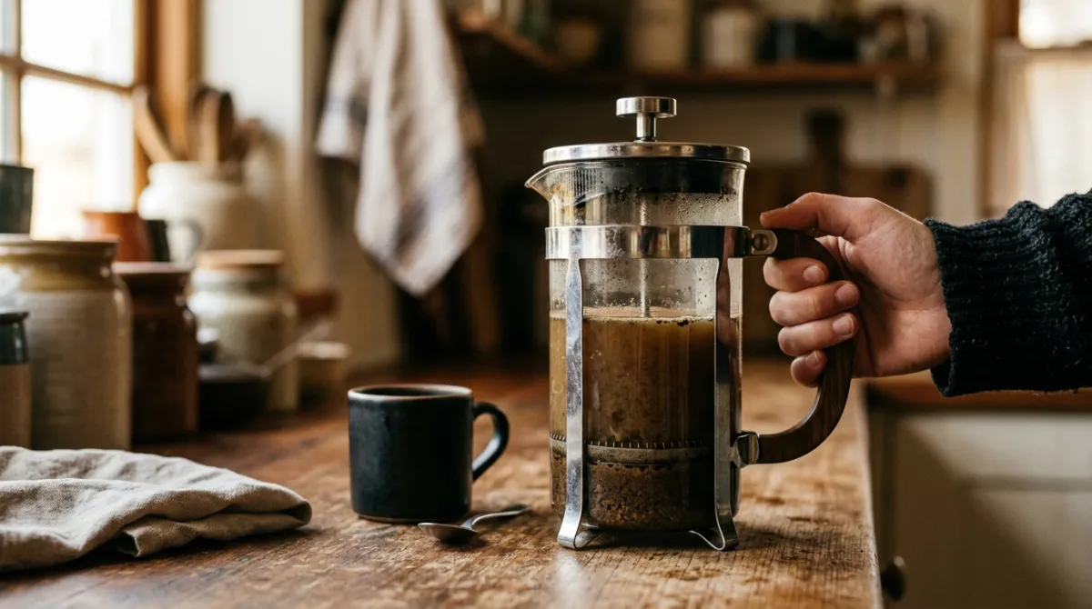 A French press with cloudy over-extracted coffee and sediment