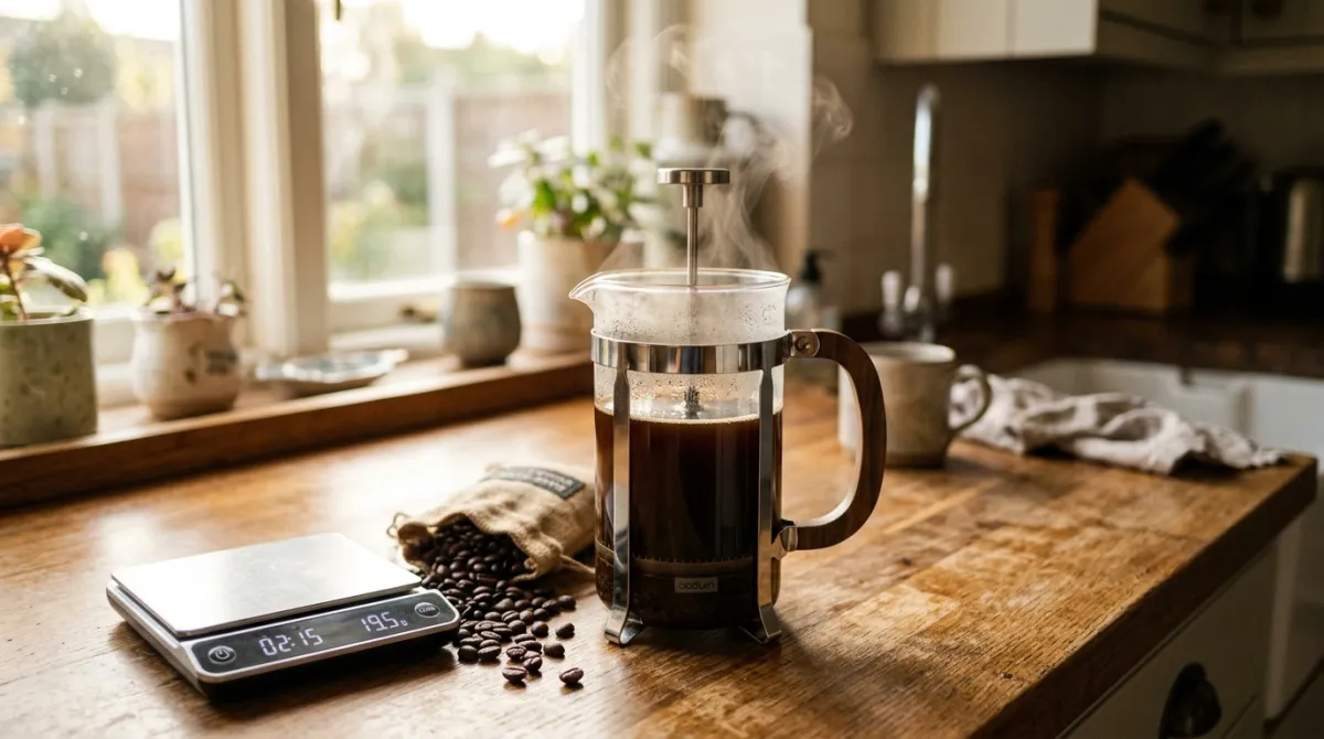 A glass French press brewing coffee on a warm wooden kitchen counter