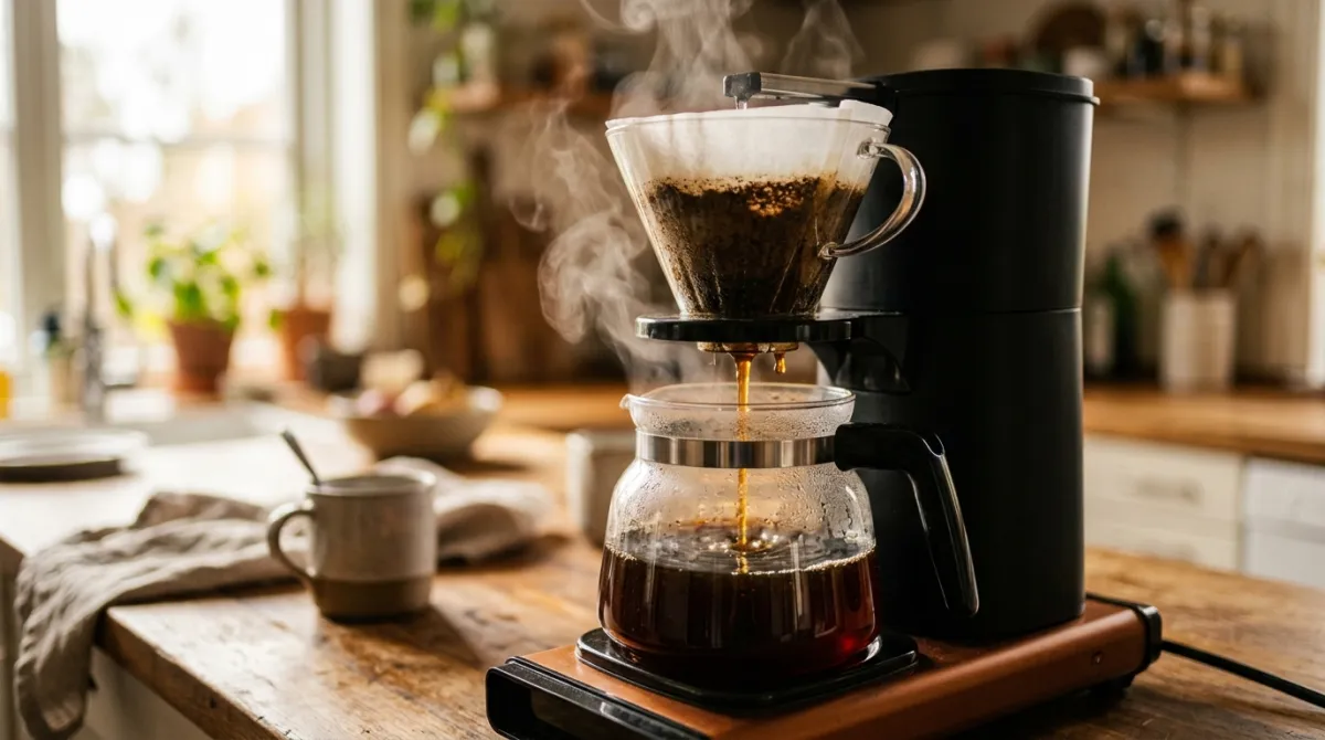 A drip coffee maker dripping through a paper filter into a carafe