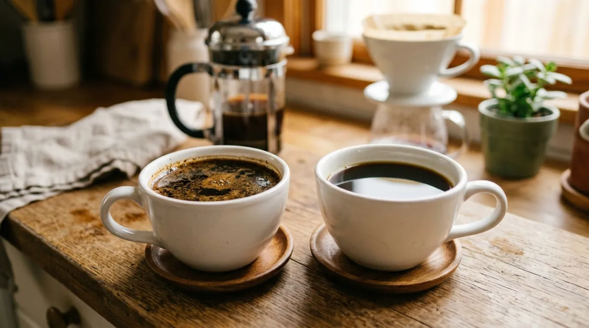 Two cups side by side, one heavy French press and one clean drip coffee