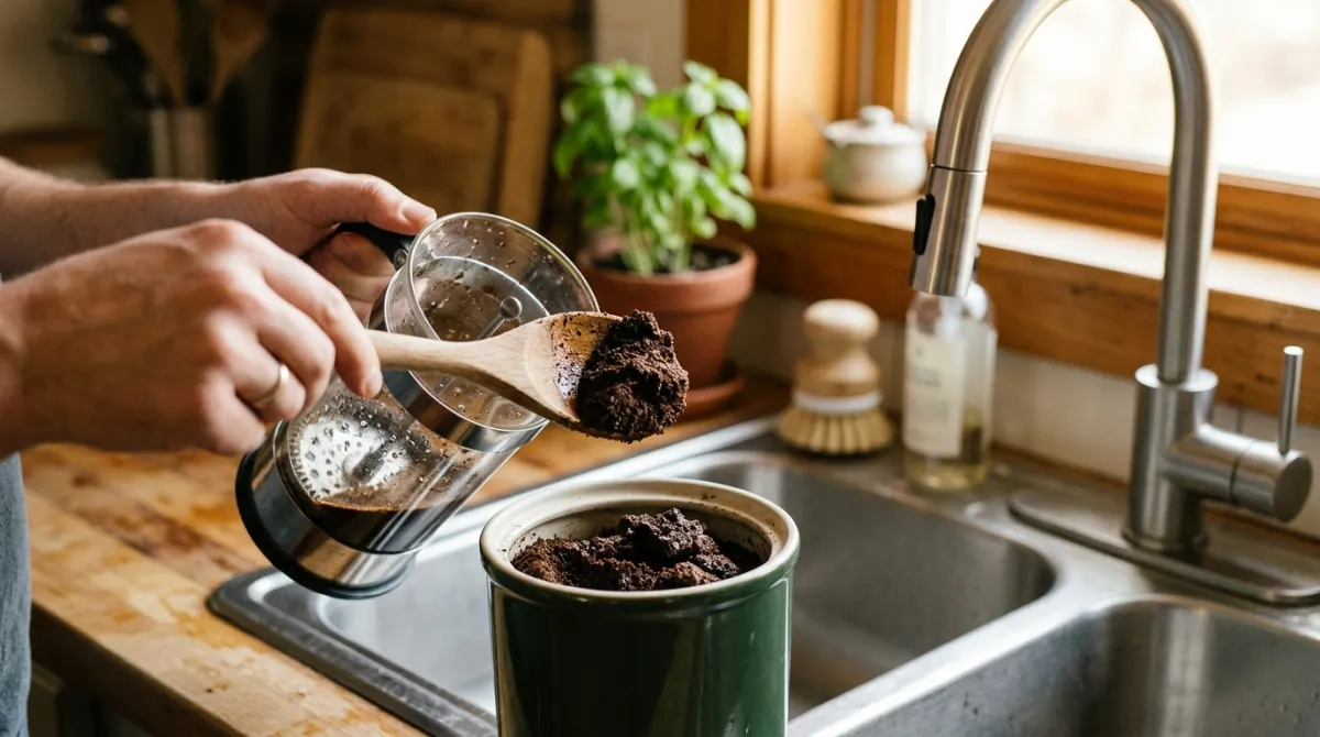 Wet spent coffee grounds being scooped from a French press